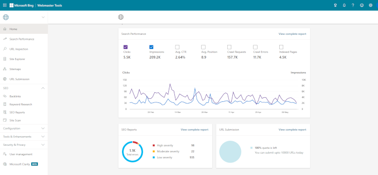 bing webmaster dashboard